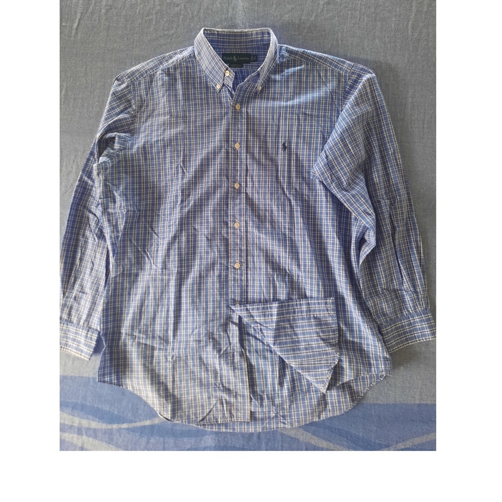 Ralph Lauren Yarmouth Mens Blue Plaid Button Down Shirt 16 34/35 Cotton LS